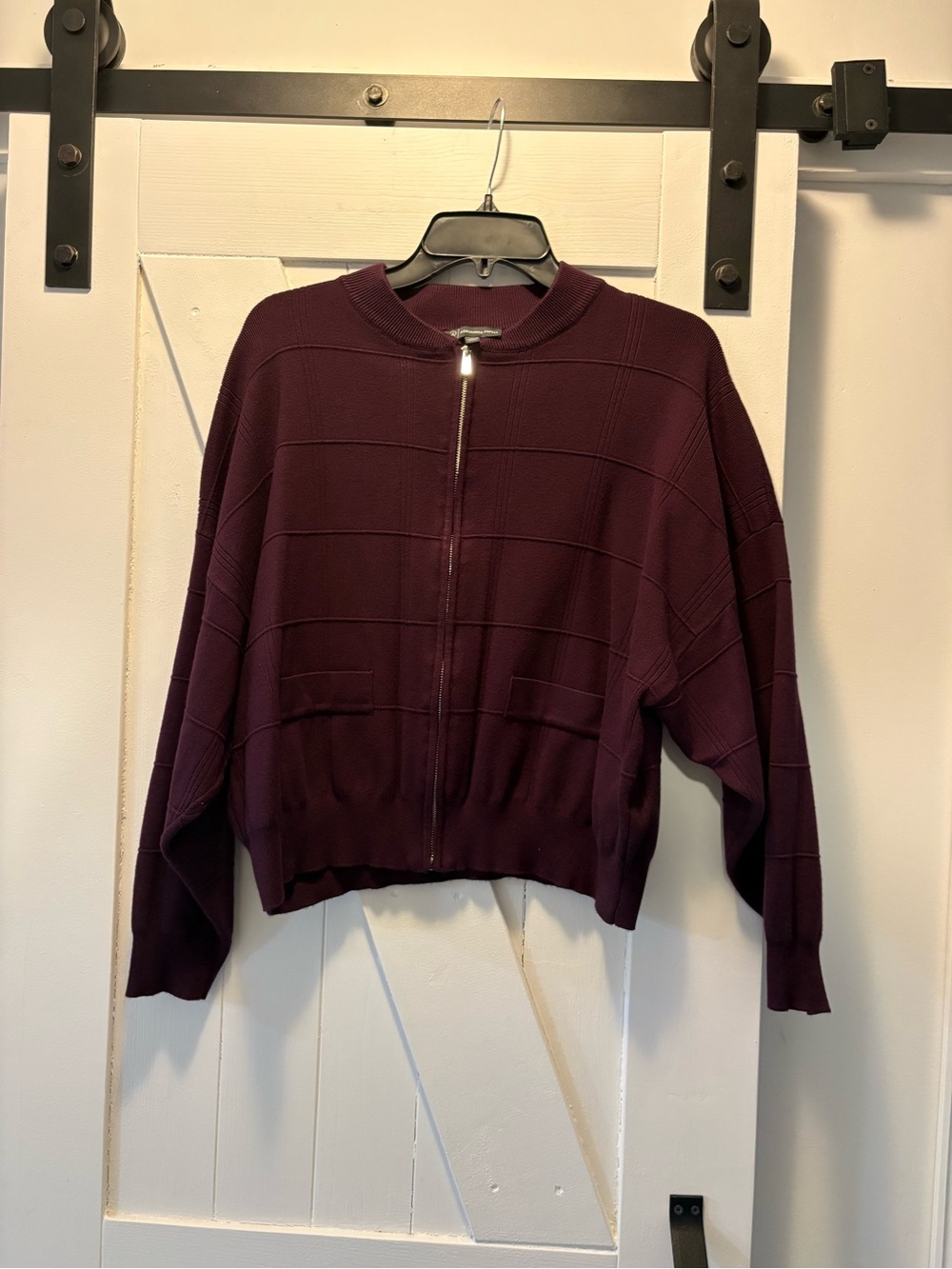 Adrianna Papell Burgundy Zip-Front Bomber Jacket Style Sweater